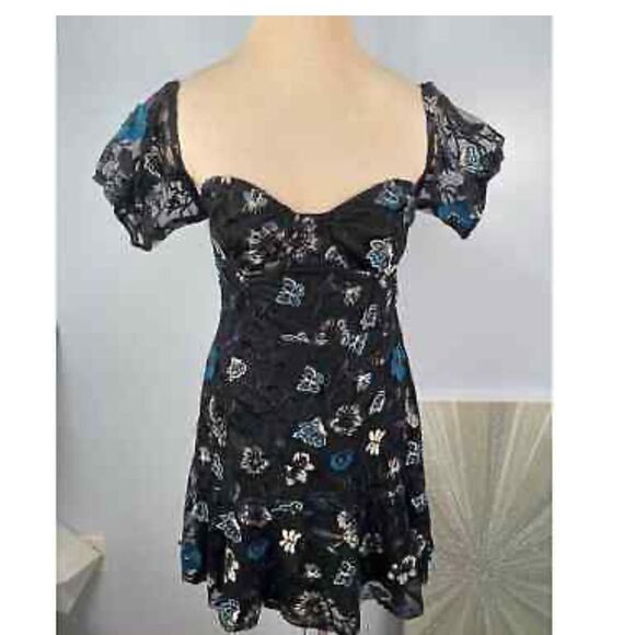 For Love & Lemons Black Embroidered Sequin BOTANIC Micro Mini Fit Flare Dress S - Picture 14 of 16
